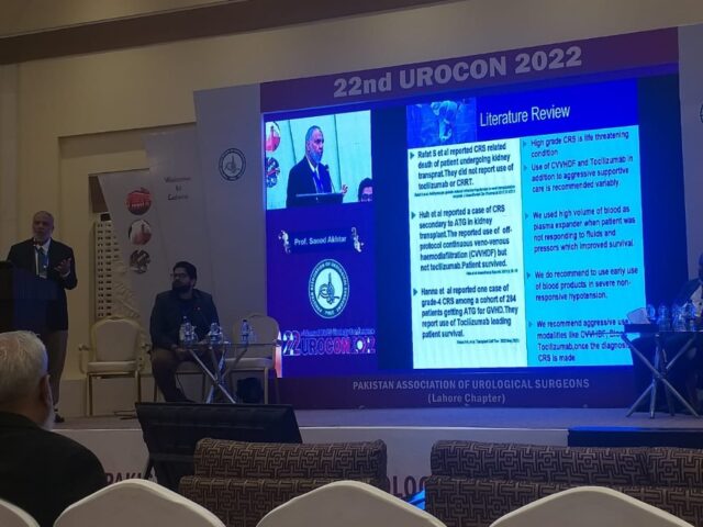 Pakistan Kidney Institute has been a Pioneer in the field of Training future Urologists. As a part of fulfilling the responsibility PKI has always supported its trainees, not only in research and publication, but also abstract presentations at national and international levels. In pursuit of these goals, PKI has recently sponsored the registrars and team at the Annual Urology conference (UROCON 2022) at Pearl Continental Hotel Lahore. The whole team participated, including Prof. Saeed Akhter as a lead and mentor. Following Papers were presented by PKI Team at the conference: Prof. Saeed Akhter: Life threatening, Cytokine release syndrome (CRS) with Anti Thymocyte Globin (ATG) and its management. Dr. Arzu Yousuf: Phenazopyridine test: a simple office based easily performed test to differentiate between vaginal discharge and urinary incontinence Dr. Muhammad Shoaib Khan: Germ cell tumor- An atypical presentation Dr. Saddiqa Hassan: Comparison of outcome of Tamsuline alone and in combination with solifenacin in controlling lower urinary tract system due to double J stent